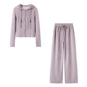 Women’s Hooded Zip-Up Casual Set | Cropped Jacket & High-Waist Wide Leg Pants | Autumn Winter Two-Piece Outfit