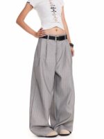 Women’s High Waist Pinstripe Wide-Leg Pants – Vintage Tailored Straight-Leg Trousers – Gray - Image 5