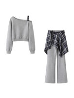 Women’s Asymmetrical Off-Shoulder Casual Set | Cropped Sweatshirt & High-Waist Wide-Leg Pants | Plaid Wrap Detail