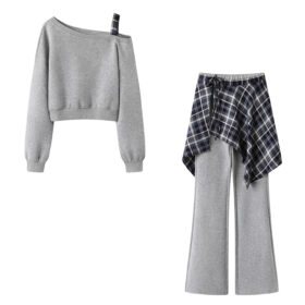 Women’s Asymmetrical Off-Shoulder Casual Set | Cropped Sweatshirt & High-Waist Wide-Leg Pants | Plaid Wrap Detail