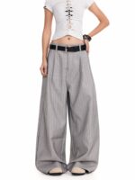 Women’s High Waist Pinstripe Wide-Leg Pants – Vintage Tailored Straight-Leg Trousers – Gray - Image 3