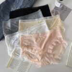 Women’s Sheer Mesh Panties Set｜Mid-Waist Briefs｜Soft Stretch Underwear｜Ruffle Trim with Bow｜Multi-Color Pack