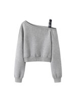 Women’s Asymmetrical Off-Shoulder Casual Set | Cropped Sweatshirt & High-Waist Wide-Leg Pants | Plaid Wrap Detail - Image 5