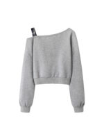 Women’s Asymmetrical Off-Shoulder Casual Set | Cropped Sweatshirt & High-Waist Wide-Leg Pants | Plaid Wrap Detail - Image 4