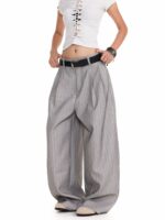 Women’s High Waist Pinstripe Wide-Leg Pants – Vintage Tailored Straight-Leg Trousers – Gray - Image 2